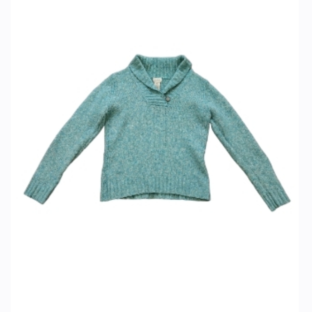 L.L.BEAN WOOL BLEND PULLOVER V-NECK SWEATER WITH LARGE COLLAR ONE BUTTON…